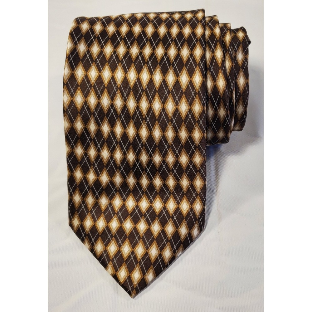 Umo Lorenzo Italy‎ Mens Neck Tie Brown Cream Diamonds 59" Long 3.5" Wide